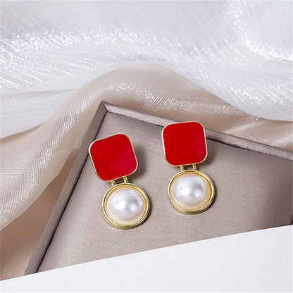 Red Enamel and Pearl 18K Gold-Plated Square Ball Drop Earrings, gold drop earrings for women, everyday style, detail close-up