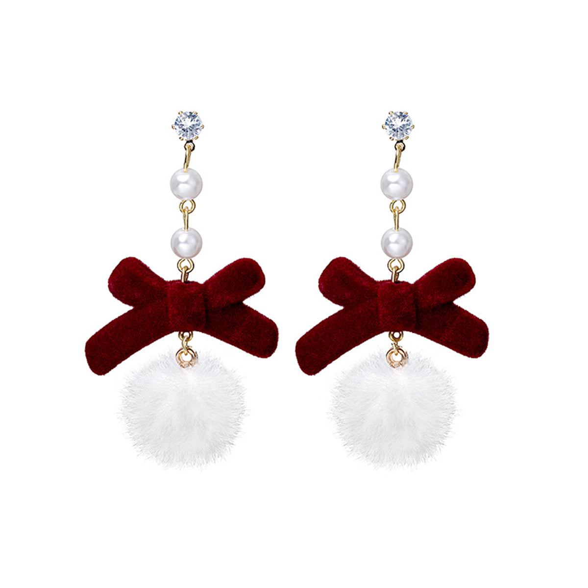 Pearl and Cubic Zirconia 18K Gold-Plated Bow Pom-Pom Drop Earrings, gold drop earrings for women, everyday style, front view