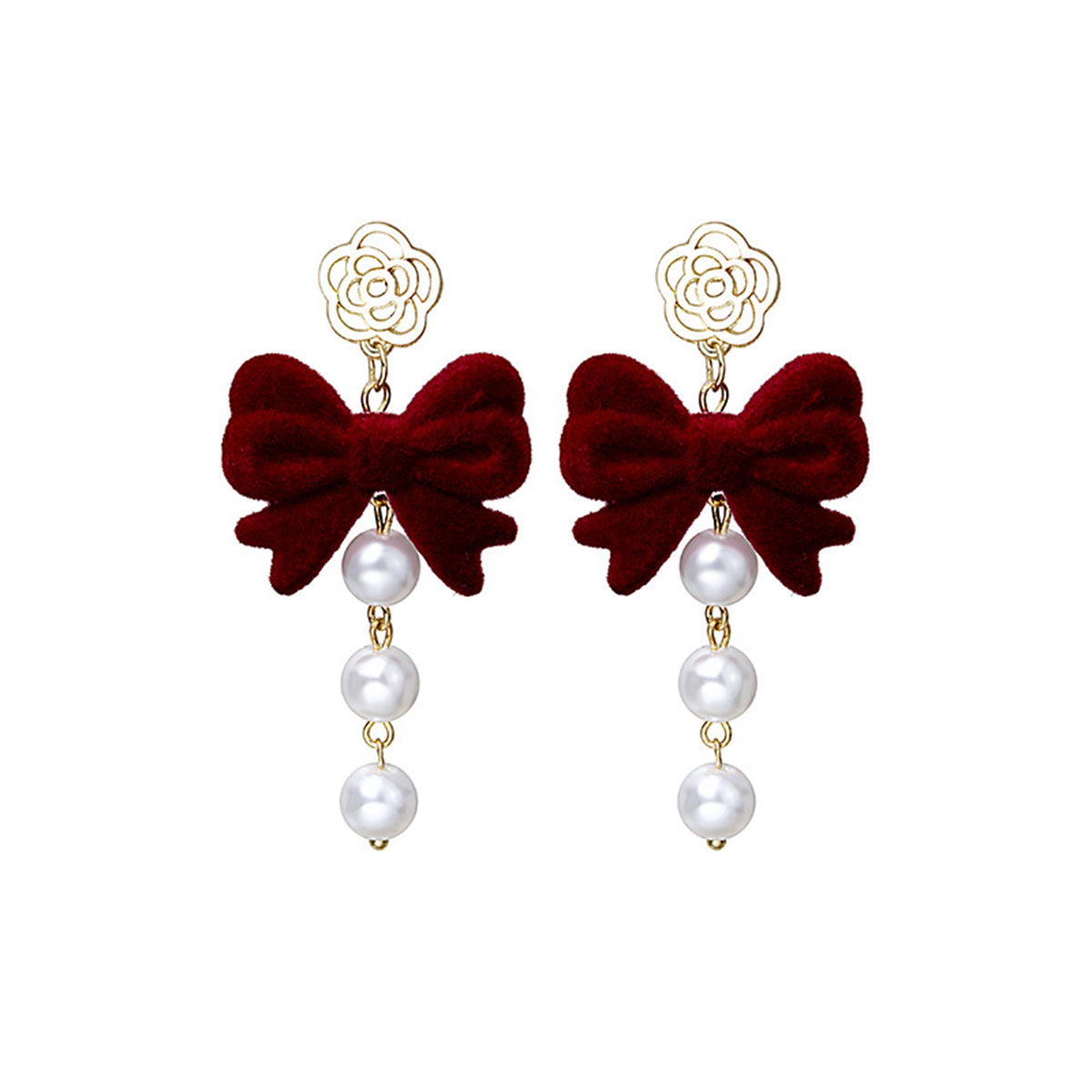Red and Pearl 18K Gold-Plated Flower Bow Drop Earrings, gold drop earrings for women, elegant gift for her, front view