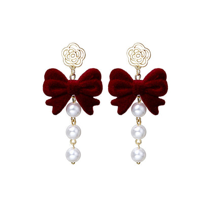 Red and Pearl 18K Gold-Plated Flower Bow Drop Earrings, gold drop earrings for women, elegant gift for her, front view