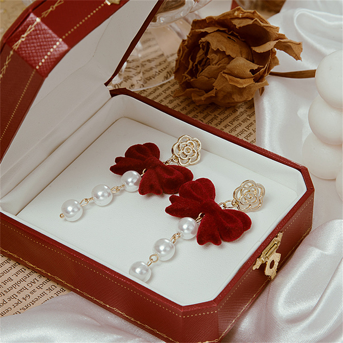 Red and Pearl 18K Gold-Plated Flower Bow Drop Earrings, gold drop earrings for women, elegant gift for her, side view
