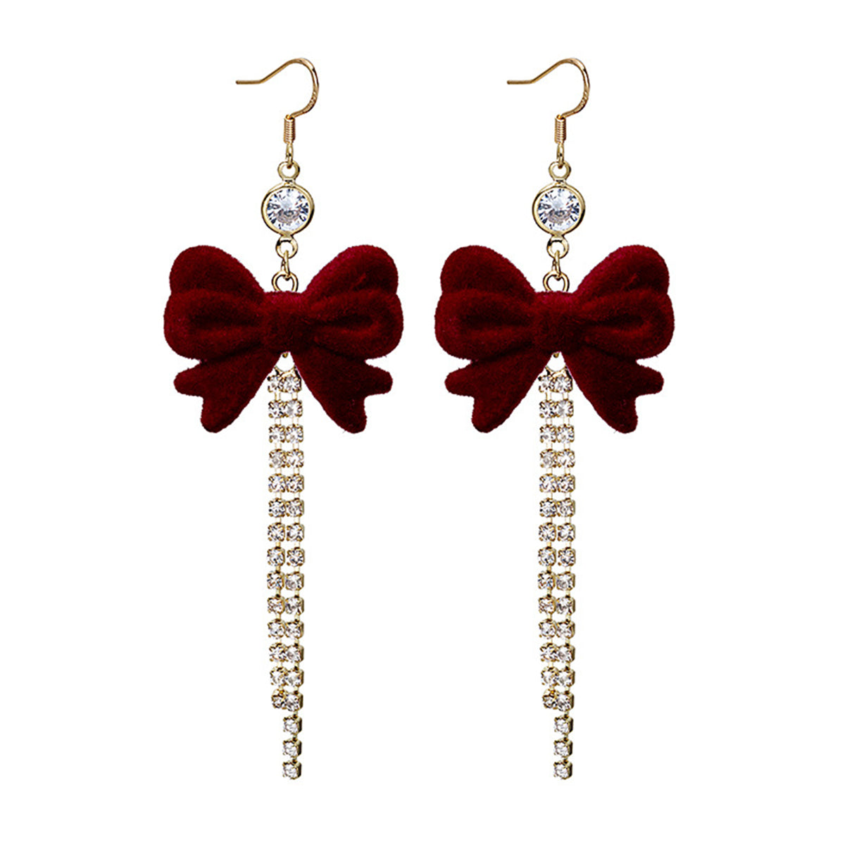 Red Nylon and Cubic Zirconia 18K Gold-Plated Bow Tassel Drop Earrings, gold drop earrings for women, front view