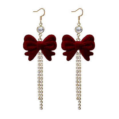 Red Nylon and Cubic Zirconia 18K Gold-Plated Bow Tassel Drop Earrings, gold drop earrings for women, front view