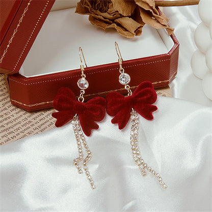 Red Nylon and Cubic Zirconia 18K Gold-Plated Bow Tassel Drop Earrings, gold drop earrings for women, side view