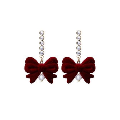 Pearl and Cubic Zirconia Nylon 18K Gold-Plated Bow Drop Earrings, gold drop earrings for women, front view