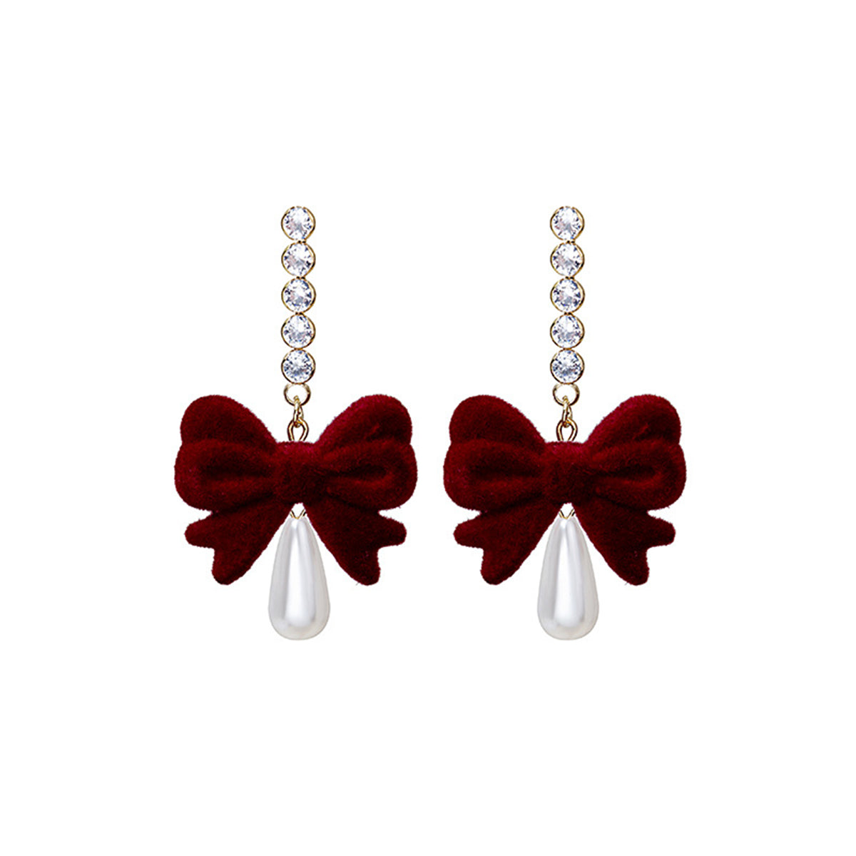 Red Nylon and Pearl 18k Gold-Plated Bow Drop Earrings, gold drop earrings for women, vintage-inspired design, front view