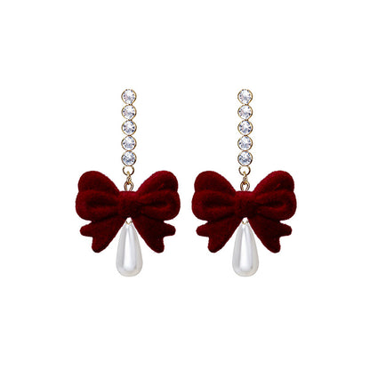 Red Nylon and Pearl 18k Gold-Plated Bow Drop Earrings, gold drop earrings for women, vintage-inspired design, front view