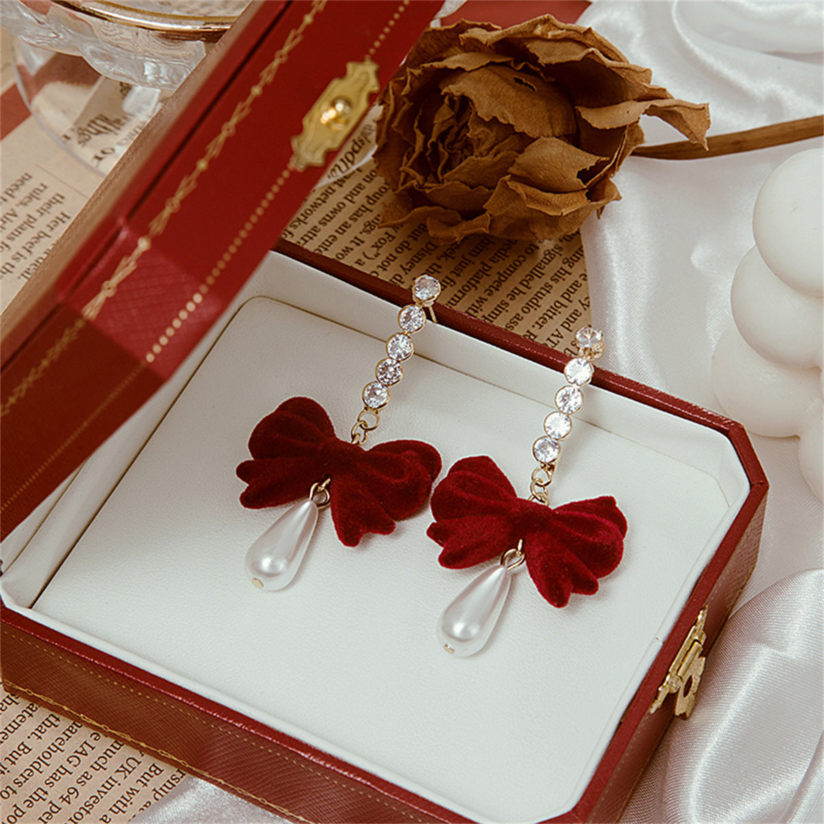Red Nylon and Pearl 18k Gold-Plated Bow Drop Earrings, gold drop earrings for women, vintage-inspired design, detail close-up