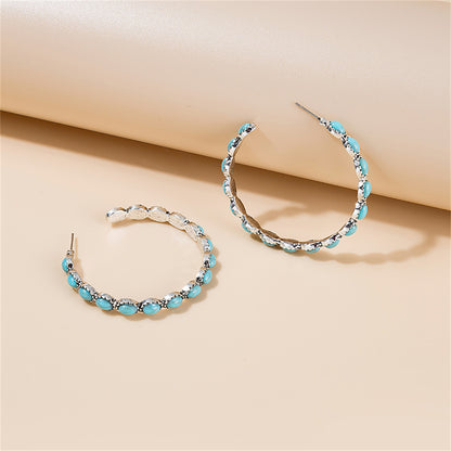 Blue Turquoise and Silver-Plated Oval-Cut Hoop Earrings, vintage-inspired design, front view