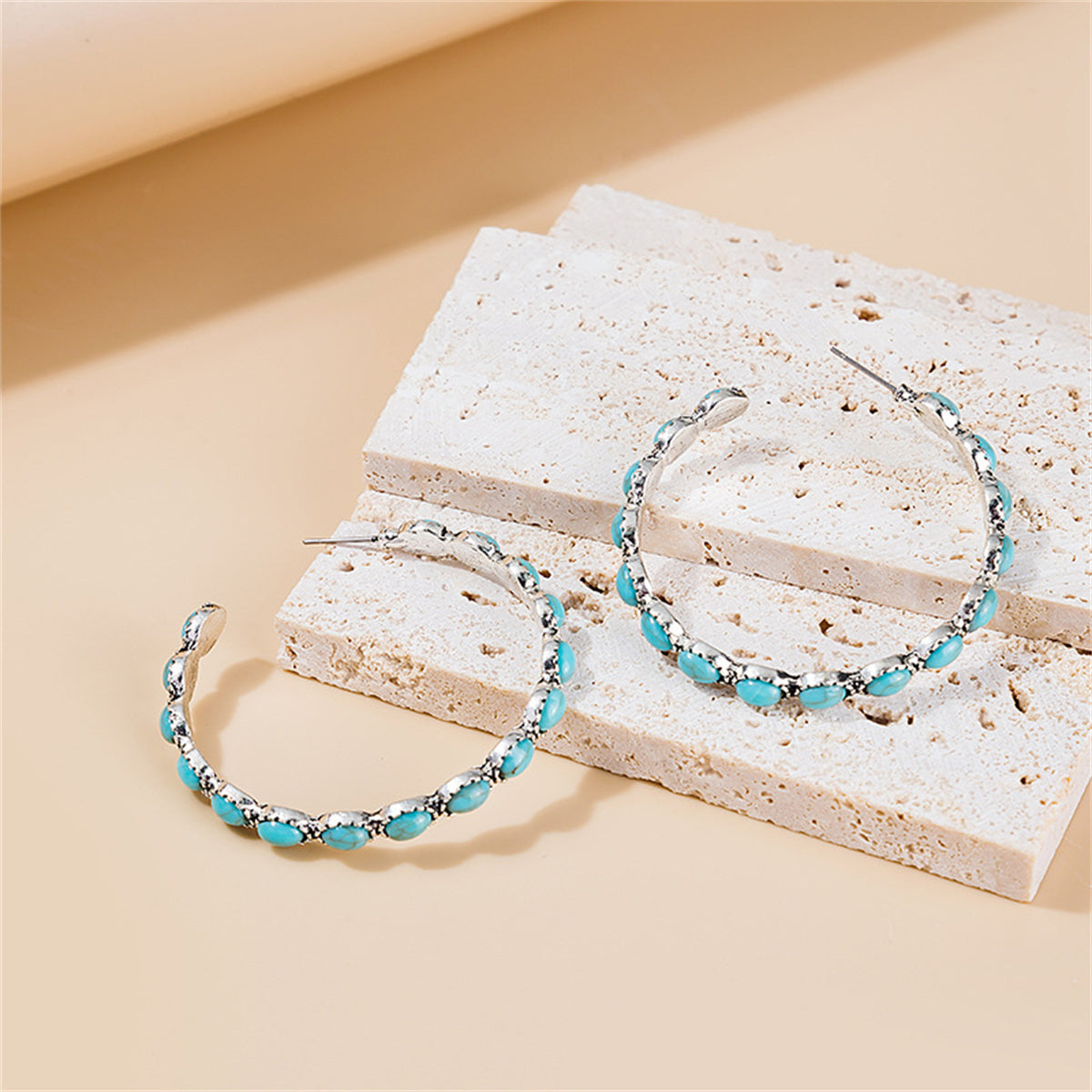 Blue Turquoise & Silver-Plated Oval-Cut Hoop Earrings