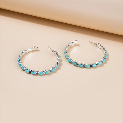 Blue Turquoise and Silver-Plated Oval-Cut Hoop Earrings, vintage-inspired design, side view