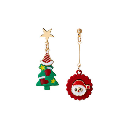 Red and Green Christmas Tree Santa Mismatch Drop Earrings, drop earrings for women, vintage-inspired design, front view