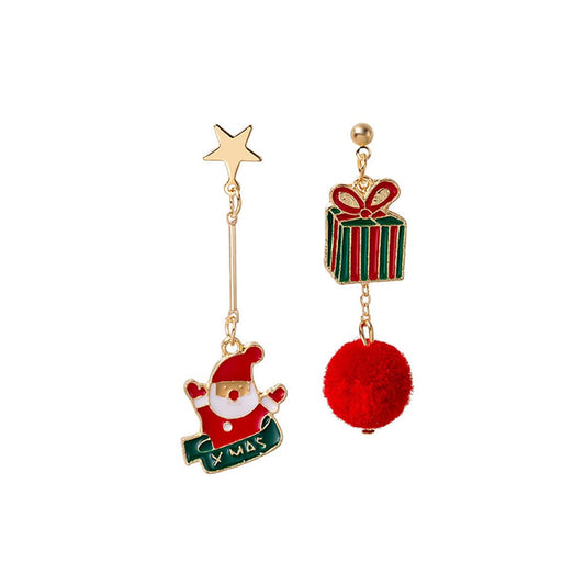 Red and 18K Gold-Plated Santa Gift Box Pom-Pom Mismatch Drop Earrings, gold drop earrings for women, front view
