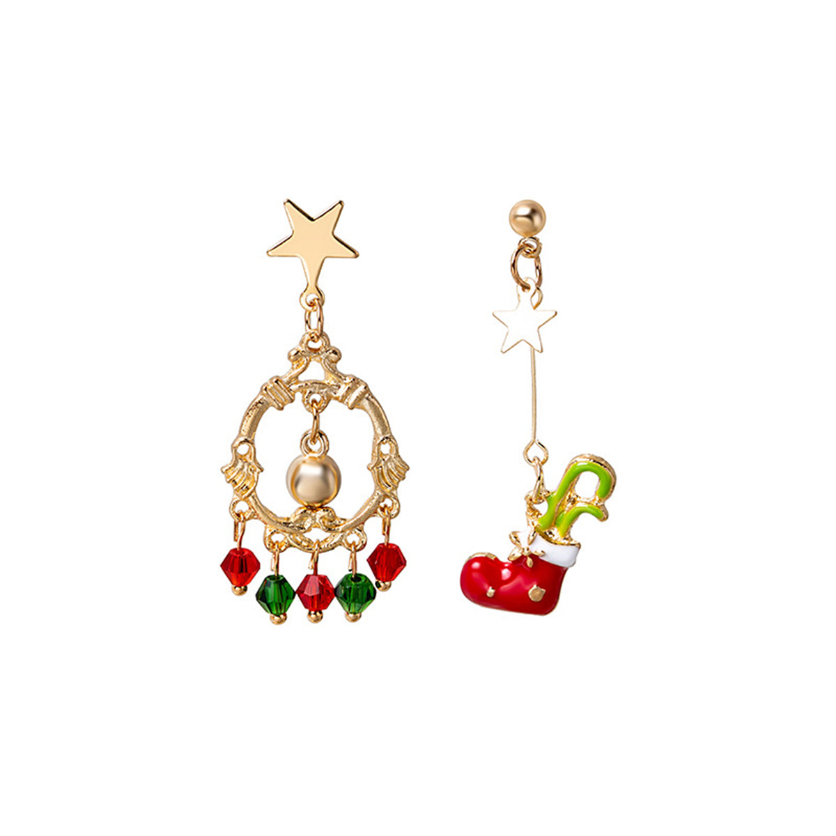 Red Enamel and Acrylic 18K Gold-Plated Boot Mismatch Drop Earrings, gold drop earrings for women, front view
