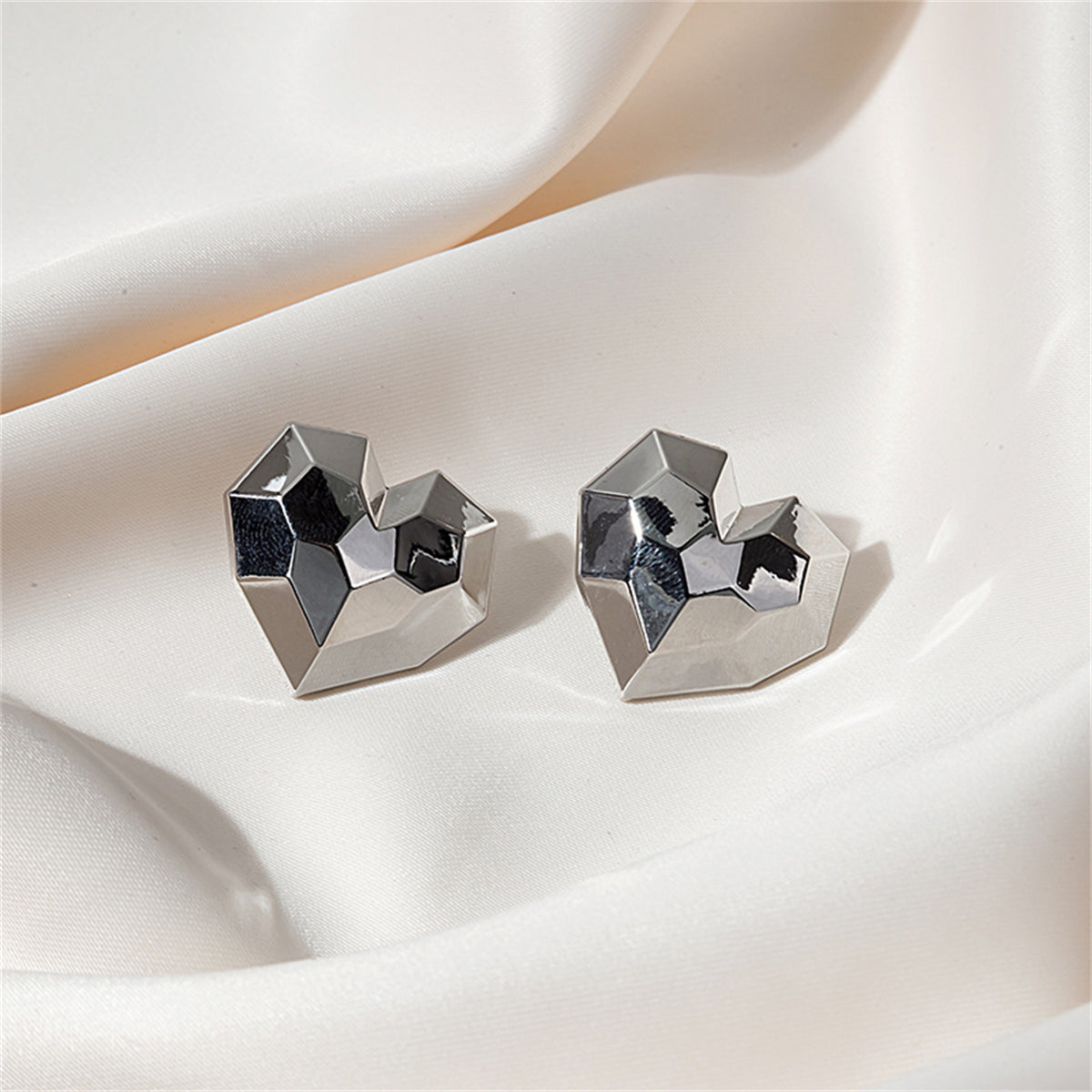 Silver-Plated Hammered Heart Stud Earrings, silver stud earrings for women, botanical inspired, front view