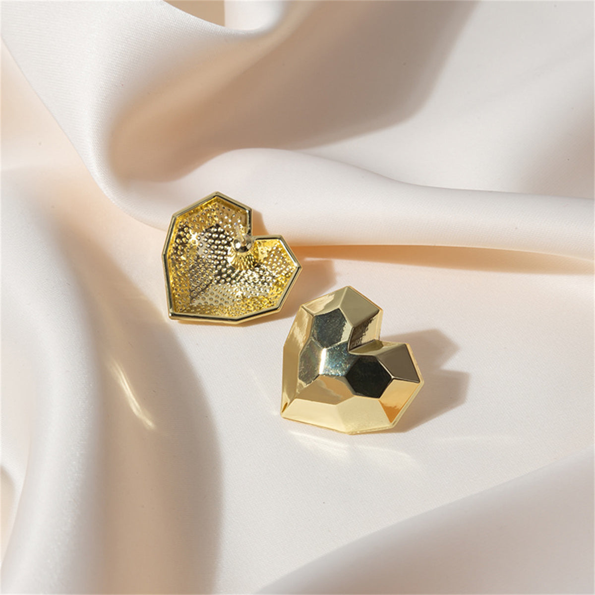 18K Gold-Plated Hammered Heart Stud Earrings, gold stud earrings for women, everyday style, side view