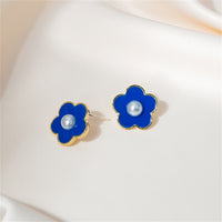 Pearl & Blue Flower Stud Earrings