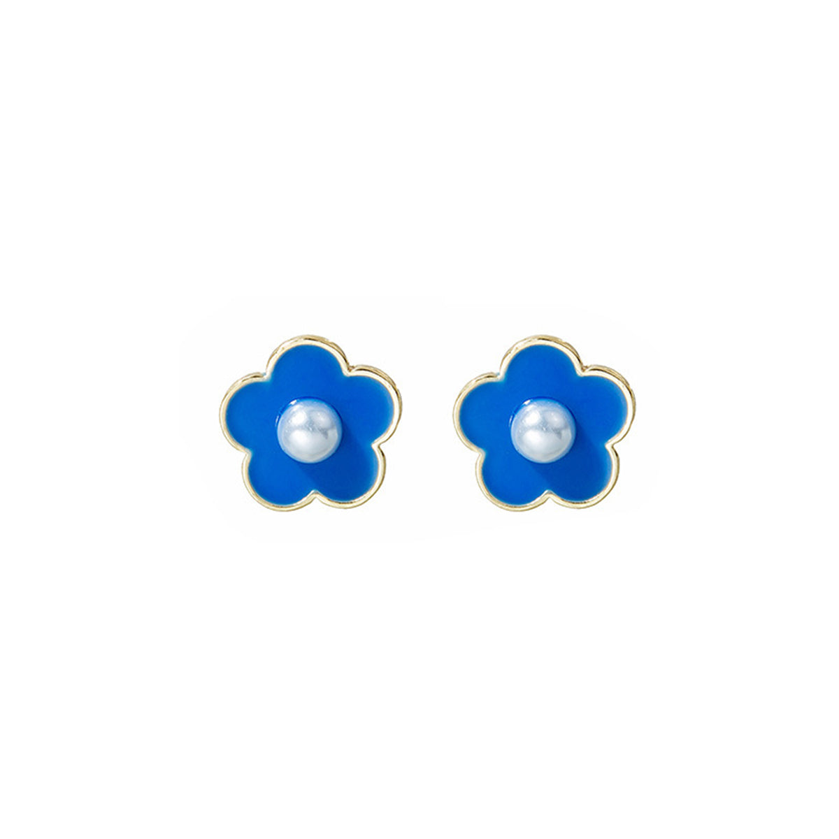 Pearl and Blue Flower Stud Earrings, stud earrings for women, dainty minimalist design, side view