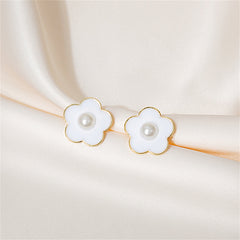 Pearl & Enamel 18K Gold-Plated Flower Stud Earrings