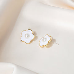 Pearl & Enamel 18K Gold-Plated Flower Stud Earrings