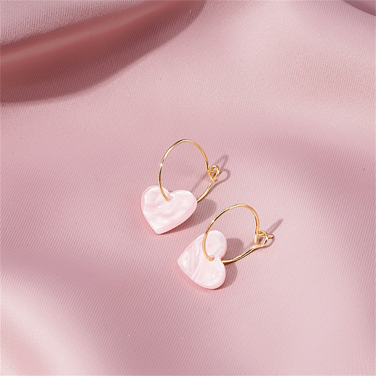 Pink Acrylic and 18K Gold-Plated Heart Huggie Earrings, gold huggie earrings, elegant gift for her, front view