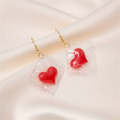 Red Resin and 18K Gold-Plated Heart Candy Drop Earrings, gold drop earrings for women, elegant gift for her, detail close-up