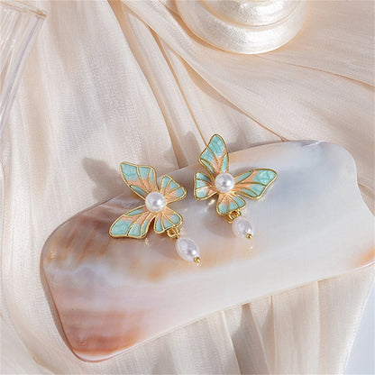 Pearl and Enamel 18K Gold-Plated Butterfly Oval Drop Earrings, gold drop earrings for women, front view