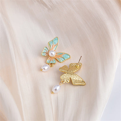 Pearl and Enamel 18K Gold-Plated Butterfly Oval Drop Earrings, gold drop earrings for women, detail close-up