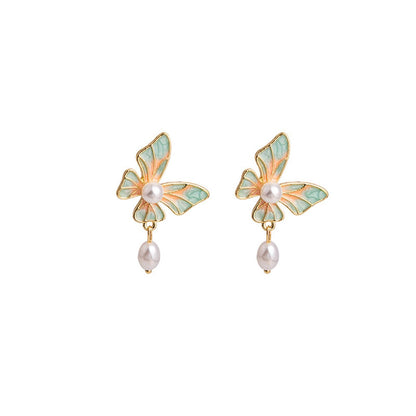 Pearl and Enamel 18K Gold-Plated Butterfly Oval Drop Earrings, gold drop earrings for women, side view