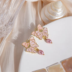Pink Enamel & Pearl 18K Gold-Plated Double Butterfly Drop Earrings