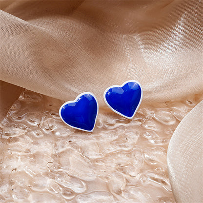 Blue Enamel and Silver-Plated Heart Stud Earrings, silver stud earrings for women, everyday style, front view