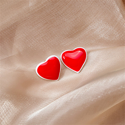 Red Enamel and Silver-Plated Heart Stud Earrings, silver stud earrings for women, botanical inspired, front view