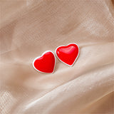 Red Enamel & Silver-Plated Heart Stud Earrings