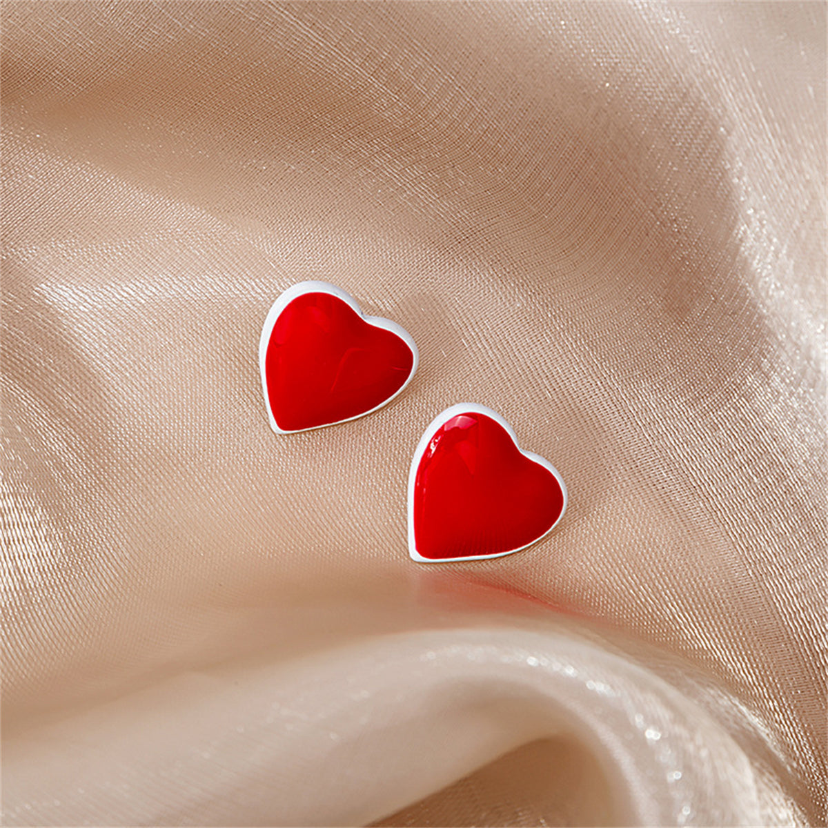 Red Enamel and Silver-Plated Heart Stud Earrings, silver stud earrings for women, botanical inspired, detail close-up