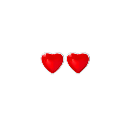 Red Enamel and Silver-Plated Heart Stud Earrings, silver stud earrings for women, botanical inspired, side view