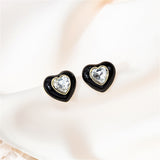 Black Enamel & Crystal 18k Gold-Plated Heart Stud Earrings