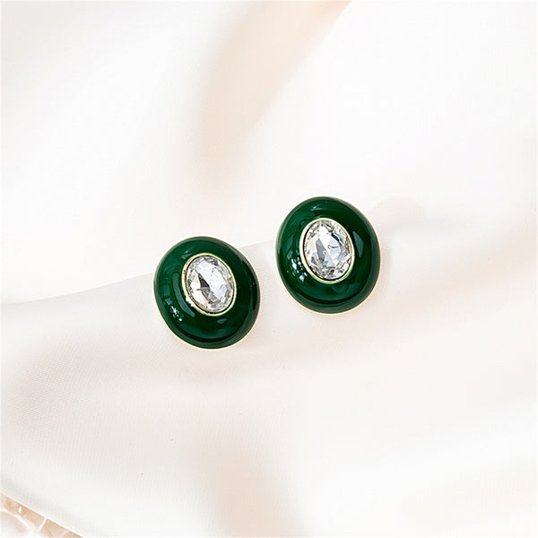 Green Enamel & Crystal Oval Stud Earrings