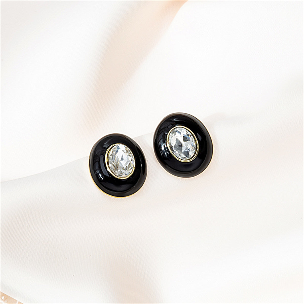 Black Enamel and Crystal Oval Stud Earrings, stud earrings for women, botanical inspired, front view