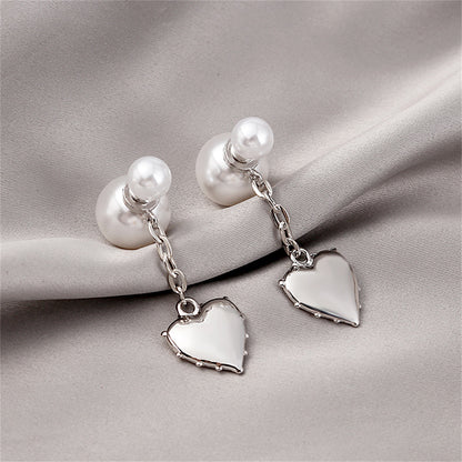 Pearl and Silver-Plated Heart Drop Ear Jackets, silver drop earrings for women, vintage-inspired design, front view