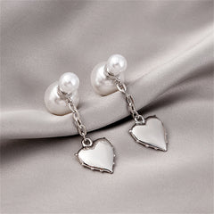 Pearl & Silver-Plated Heart Drop Ear Jackets