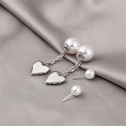 Pearl and Silver-Plated Heart Drop Ear Jackets, silver drop earrings for women, vintage-inspired design, detail close-up