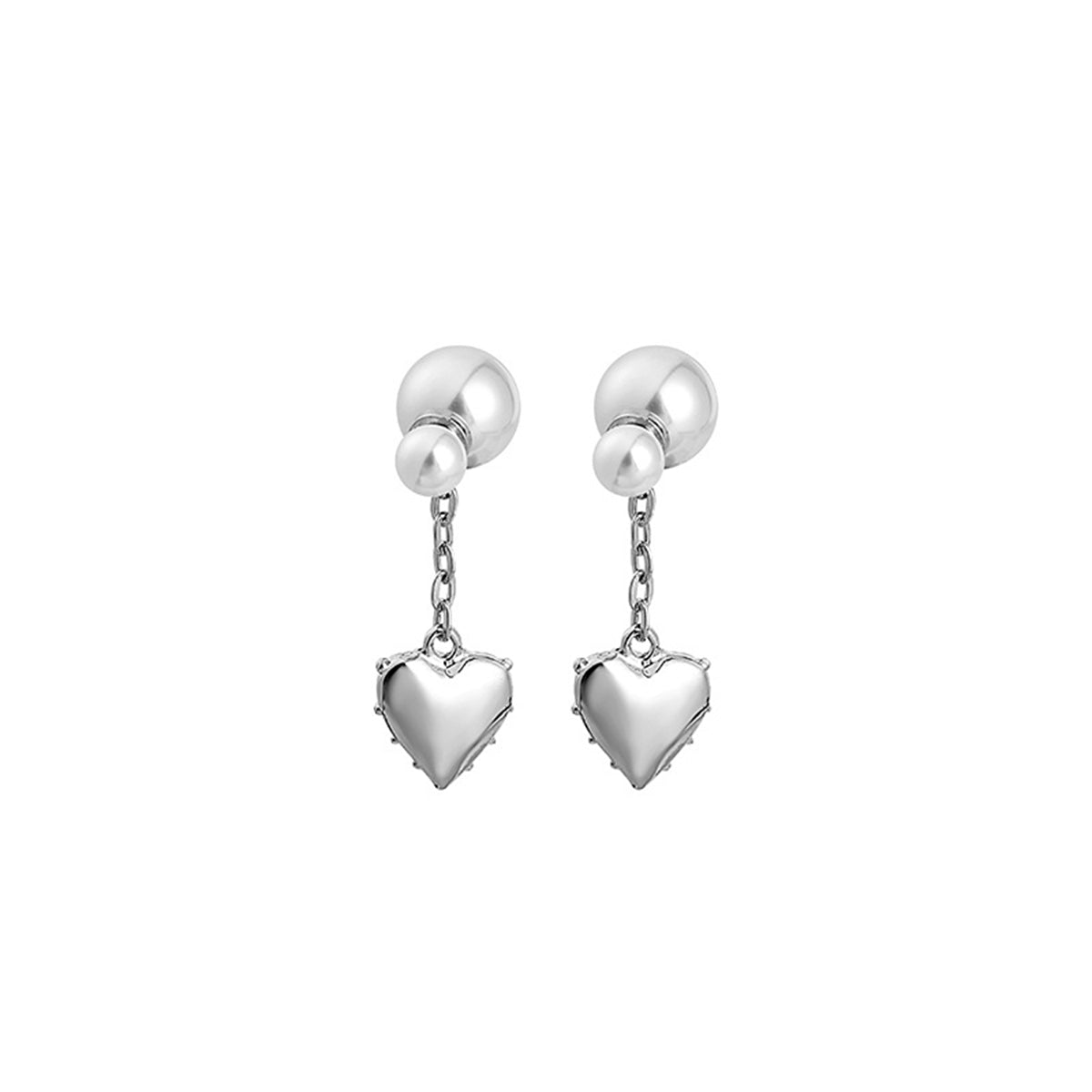 Pearl and Silver-Plated Heart Drop Ear Jackets, silver drop earrings for women, vintage-inspired design, styled look
