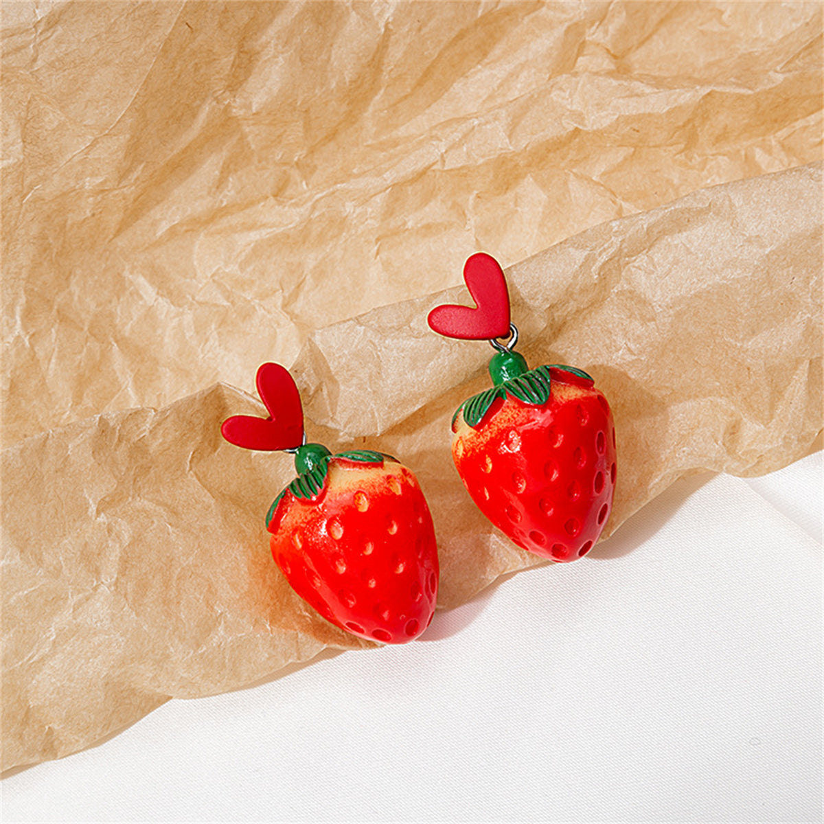 Red Acrylic and Silver-Plated Heart Strawberry Drop Earrings, silver drop earrings for women, side view