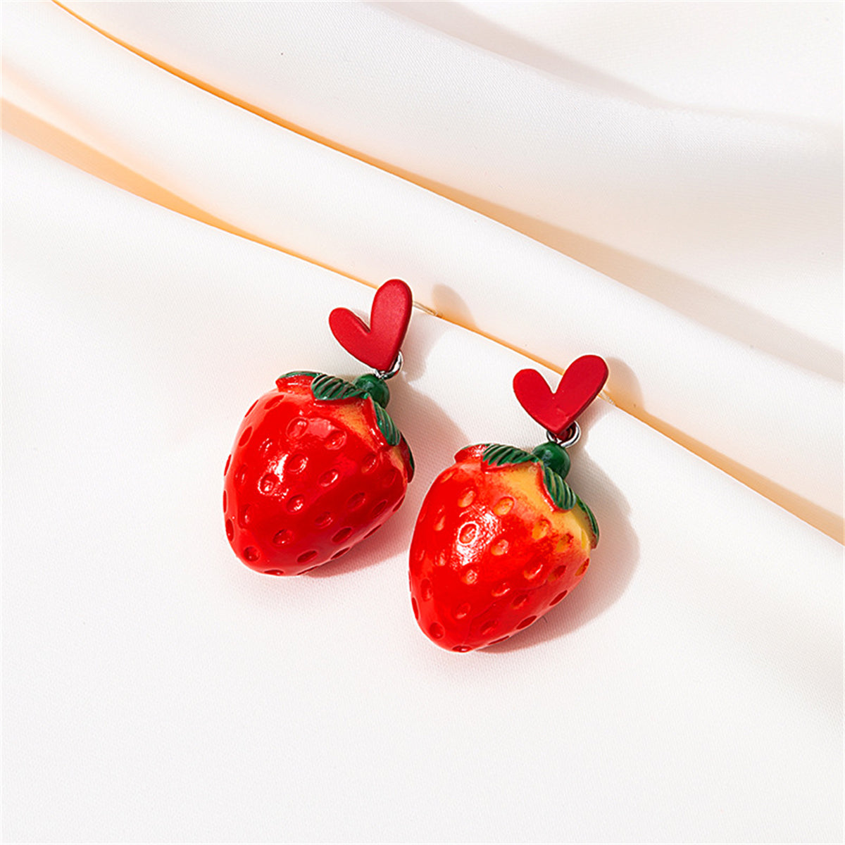 Red Acrylic and Silver-Plated Heart Strawberry Drop Earrings, silver drop earrings for women, detail close-up