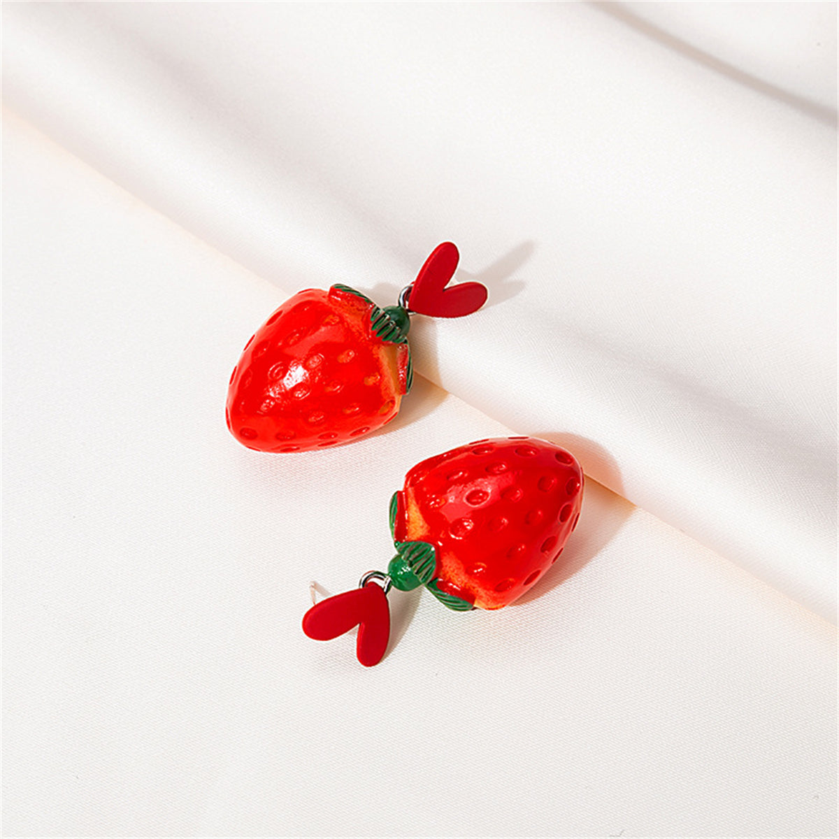 Red Acrylic and Silver-Plated Heart Strawberry Drop Earrings, silver drop earrings for women, lifestyle look