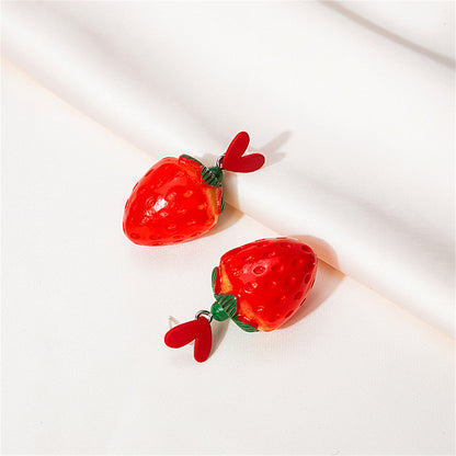 Red Acrylic and Silver-Plated Heart Strawberry Drop Earrings, silver drop earrings for women, lifestyle look