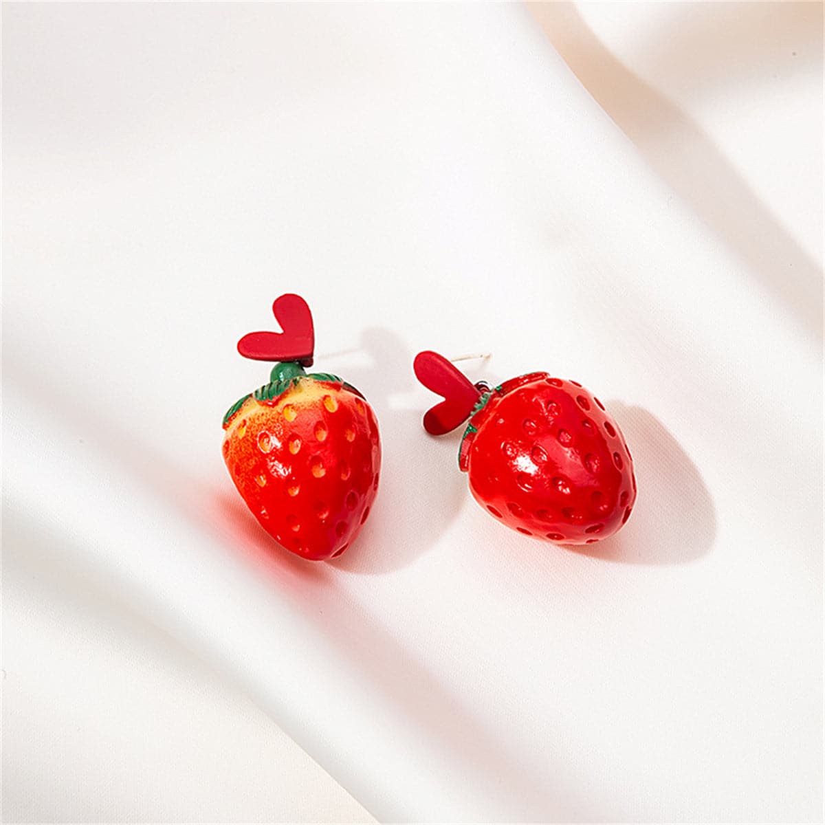 Red Acrylic and Silver-Plated Heart Strawberry Drop Earrings, silver drop earrings for women, front view