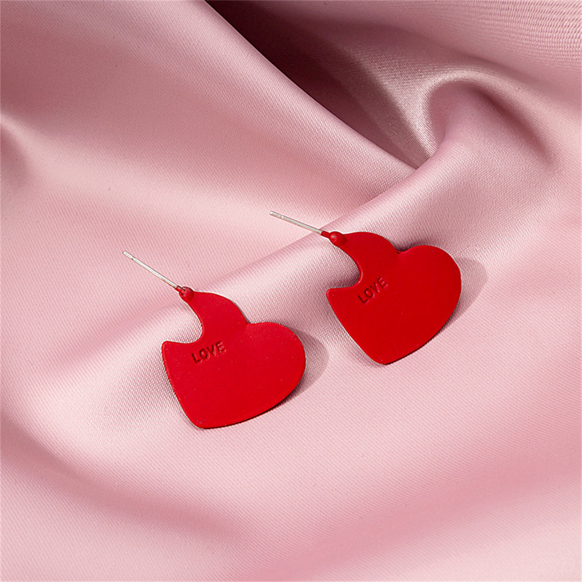 Red Enamel and Silver-Plated 'Love' Heart Huggie Earrings, silver huggie earrings, elegant gift for her, front view