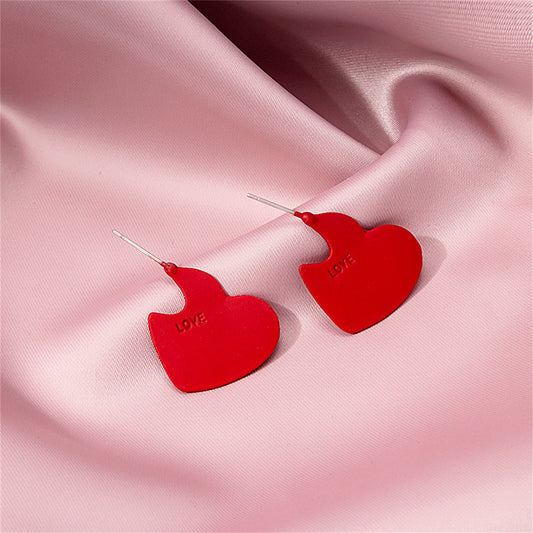 Red Enamel and Silver-Plated 'Love' Heart Huggie Earrings, silver huggie earrings, elegant gift for her, front view