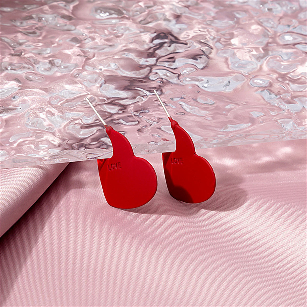 Red Enamel and Silver-Plated 'Love' Heart Huggie Earrings, silver huggie earrings, elegant gift for her, side view